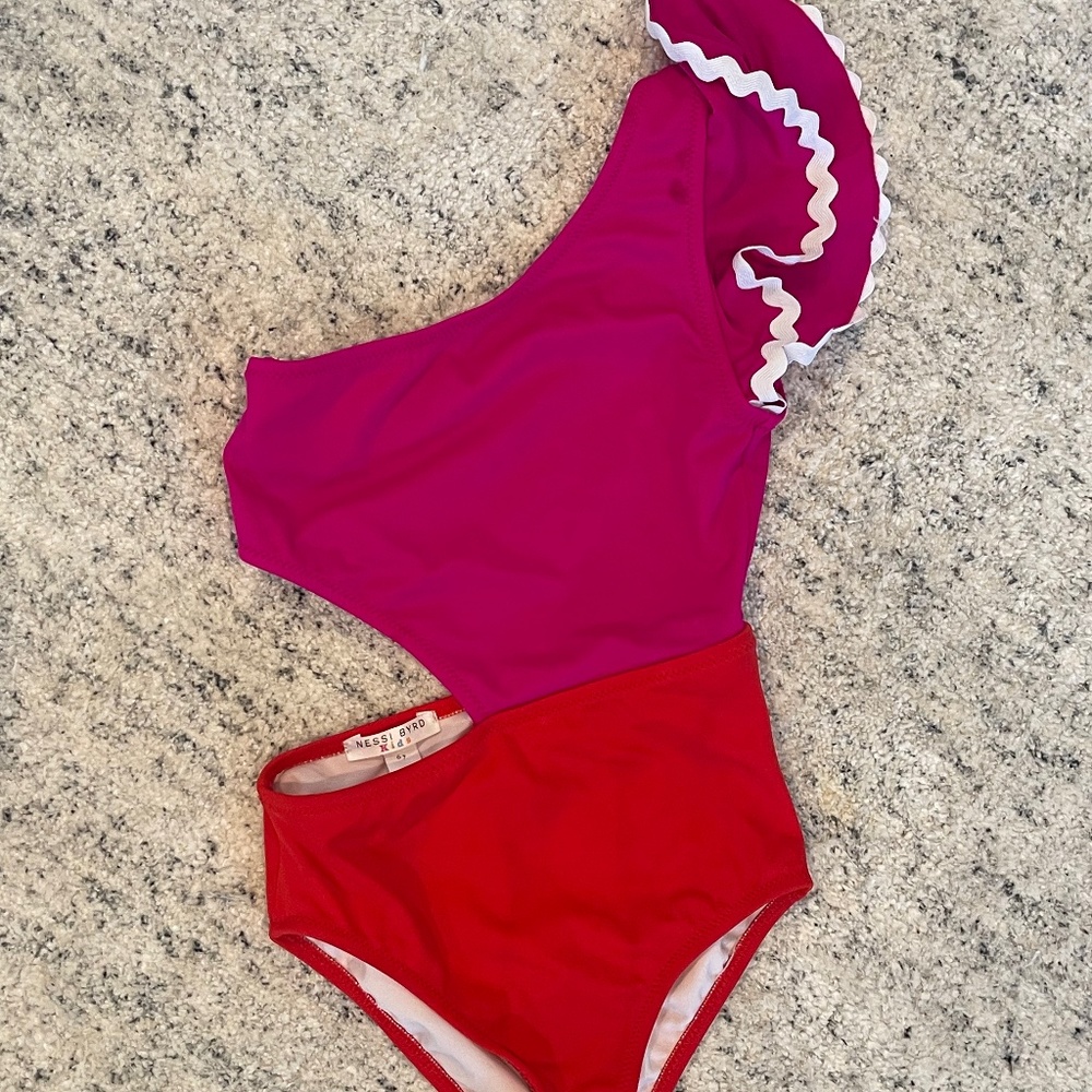 Nessi Byrd Girls one shoulder ruffled on piece